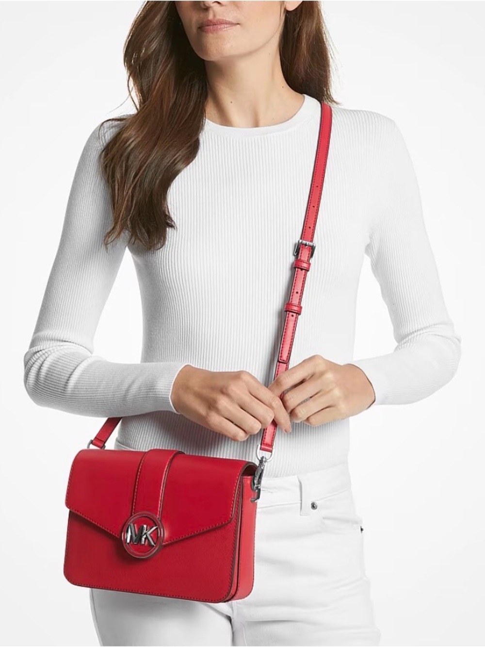 🆕 NWT Michael Kors Carmen Medium Leather Shoulder Bag Red